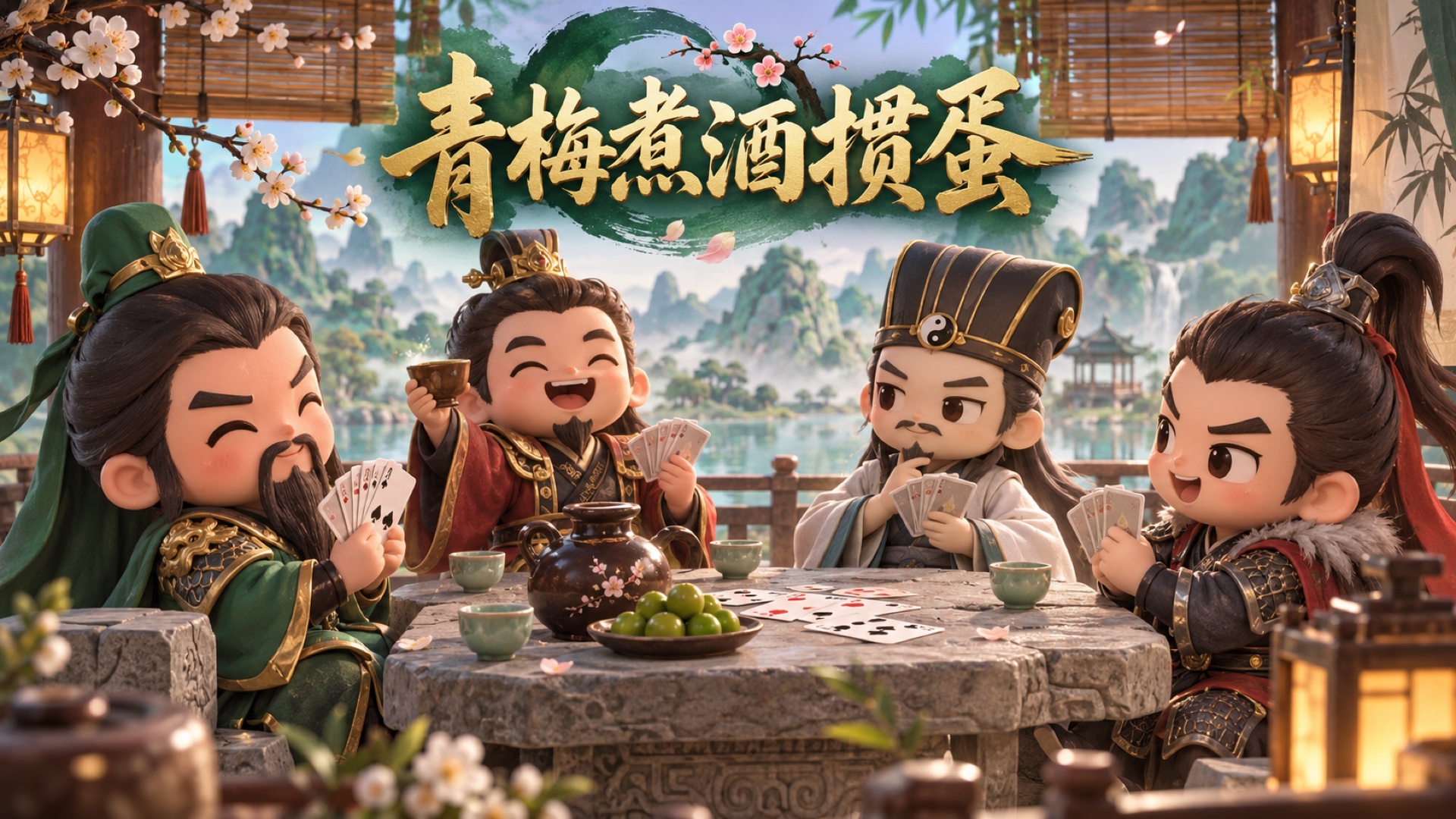 四名Q版古风武将围坐牌桌